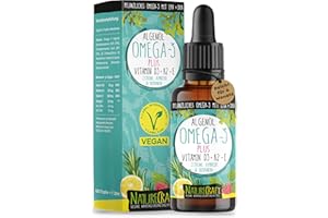 ‎NATURECRAFT Omega-3 Algenöl PLUS - 40% DHA und 20% EPA mit Vitamin D3 + K2 + E - Zitrone und Rosmarinextrakt - Vegan (20ml = 4 Monats-Vorrat)