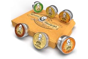 THE BEARD AND THE WONDERFUL Cire à Moustache Collection 6 Boîtes X 15ml - Bois de Cèdre,Whisky On The Rocks,Orange Douce,Eucalyptus,Citronnelle et Original Lo-Scent. pour Styling Twists,Points & Boucles - Beard And Wonderful