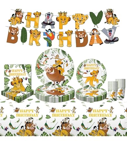 Kit Décoration Anniversaire Roi Lion - Pour 10 Personnes | Assiettes En Carton, Gobelets, Serviettes, Nappe, Bannière