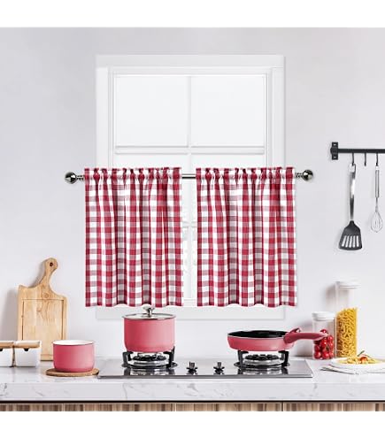 A.Monamour Rideau de Cuisine Court pour Petit Fenêtre Coton Opaque Vichy À Carreaux Blanc Rouge Rideau Brise-bise Rideaux à Disques Cantonnières Demi Rideau Passe-Tringle pour Bistro Café