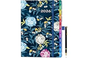 HWXBEN Agenda settimanale 2026 A5 – Gennaio-Dicembre, planner settimanale con schede mensili colorate, design floreale, elastico portapenne, passante per penna, tasca interna – Blu notte