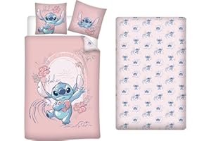 Aymax Parure de Lit Stitch 3 Pièces Rose, 100% Coton, Housse de Couette 140x200 cm + Taie d'oreiller 65x65 cm et Drap-Housse 90x200 cm