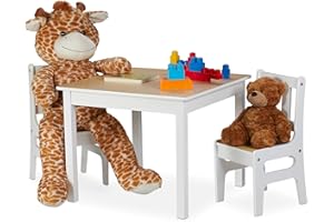 Relaxdays Mesa Infantil con Dos sillas, Mobiliario de Interior, Set de Muebles, MDF, Blanco/marrón, Madera