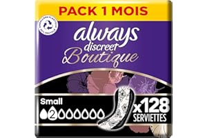 Always Discreet Boutique, 128 Serviettes Hygiéniques Incontinence Femme, Small 2 Gouttes, Protection Absorbante pour Fuites Urinaires Légères, Pack 1 Mois