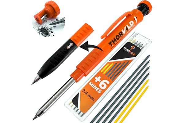 THORVALD Crayon Chantier PRO EXTENSIBLE (+ 7 MINE Multi-Supports + Taille Mine + Grip Easy-write) Porte Mine pour Menuisier, Bricolage, Dessin, Tracer sur Bois Metal, Béton, Carrelage