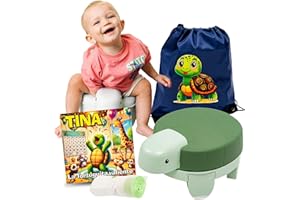 CHM PRODUCTOS | Orinal Portatil Niños Plegable 4 en 1 - Reductor WC, alzador y taburete – Diseño tortuga con cuento ilustrado, 20 bolsas desechables y mochila – WC Portatil Niños para casa o viaje