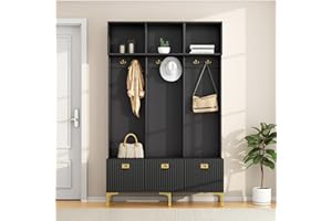 Ymkua Garderobenset Wandgarderobe, Flurgarderobe Set mit offene Aufbewahrung, Garderoben Set mit 6 Goldene Haken und Türen, Kompaktgarderobe, Wandgarderobe, B120/D23.5/H191.5 cm (Schwarz)