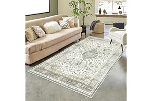 HOMFINE Vintage Area Rug for Living Room - Machine Washable Rug Soft Short Pile for Bedroom Kitchen Floral Print Traditional Rug Stain Resistant, Home Decor Office Carpet, Beige Green, 80 * 150CM