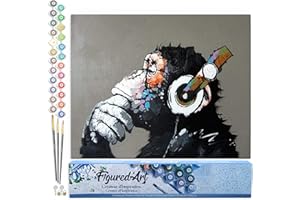 Figured'Art Paint by Numbers for Adults Monkey Wearing Headphones 40x50cm - Craft Art Painting DIY Kit Rolled Canvas Without Frame