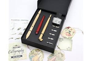 Liquidraw Juego de caligrafía árabe con punta de inmersión para bolígrafos de bambú, bolígrafo de madera con tinta de caligrafía negra, mano izquierda para artistas, principiantes, adultos y niños
