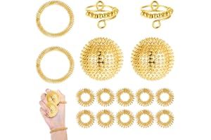 JEQQINUZ 16 Stück Anti Stress Spielzeug Skills Set, 10 Akupressur Ring, 2 Massageringe für Finger, 2 Akupressur Armband, 2 Stress Spielzeug für Stressabbau Erwachsene und Massage(Gold)