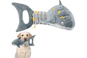 LEGEND SANDY Juguetes para perros grandes, juguetes masticables para mantenerlos ocupados, juguetes interactivos chirriantes para mascotas, tira y afloja, tiburón gris arrugado