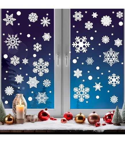 Stickers Noël Fenêtre XXL - 5 Grands Autocollants électrostatiques Réutilisables - Motifs Maisons, Flocons, Sapins - Pour Vitrine, Porte Vitrée