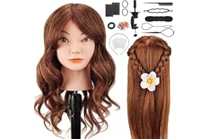 Testa da allenamento, testa da parrucchiere Yofuly da 18 pollici 100% veri capelli umani, testa di manichino cosmetologico con morsetto da tavolo e set di trecce per capelli fai-da-te （Marrone）