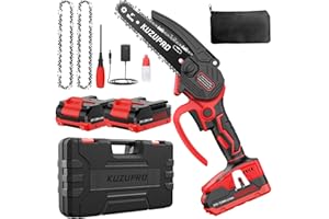 KUZUPRO Mini Tronçonneuse à Batterie 6 Pouces, Tronçonneuse Électrique Sans Fil Brushless avec 2 Batteries 2.0Ah, 2 Chaînes, 10m/s Vitesse de la Chaîne pour la Coupe du bois, l'élagage le Jardin