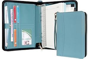 Wason Portefeuilles A5 à Anneaux avec Fermeture Éclair - Carnet de Notes en Cuir PU avec Bloc-Notes Détachable et Rechargeable, Juridique pour Professionnelle, Études et Voyages (Cyan)