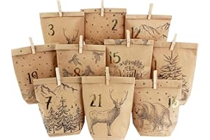 Papierdrachen Adventskalender 2025 zum Befüllen - 24 bedruckte Geschenktüten und 24 Zahlenaufkleber und Klammern - Motiv Cozy Winter schwarz - zum Basteln und Verschenken - Weihnachten