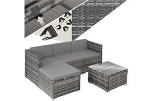 tectake® Poly Rattan Lounge, Outdoor Sitzgruppe, Set mit Sofa Sessel, Hocker, Tisch, frei kombinierbar, Sitzecke für 3-4 Personen, Möbel wetterfest für Garten Terrasse Balkon - grau