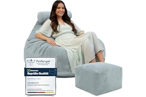 ‎DREAMROOTS DreamRoots Sitzsack Erwachsene Cord oder Kinder - Bean Bag Sofa - Sitzsack Cord mit Hocker und Bezug - Sitzsäcke mit Füllung 90x90x100 cm Green Lily