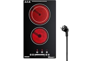 FIREGAS Plaque Vitrocéramique 2 Feux Encastrable – 3400W, 9 Niveaux de Puissance, Minuteur, Arrêt Automatique, Verrouillage Enfant, Indication de Chaleur Résiduelle