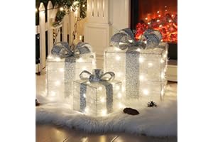 ELKTRY 3er LED Weihnachtsdeko innen, Geschenke Leucht Boxen mit Silberne Schleife außen, Weihnachtenbox Beleuchtet Deko mit 8 Leuchtmodus für Weihnachten Weihnachtsbaum Fenster Kinderzimmer