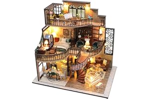 HIGSPE Miniatura Casa Fai Da Te Kit, 3D Puzzle con Mobili e Luce LED in Legno, Solaio Casa Delle Bambole di Creatività, Costruzione di Modellini per Bambini e Adulti