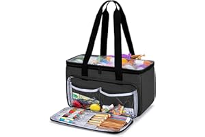 YARWO Bolsa de Labores, Bolsa Portátil de Ovillos con Funda Transpatrentes para Labores de Tejer, Agujas de Tejer Circulares y Rectas, Ovillos de Lanas y Accesorios de Tejer, Negro con Patrón Flecha.