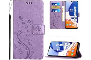 Anshow Lederhülle mit Samsung Galaxy A05S Hülle und Schutzfolie, Handyhülle für Samsung Galaxy A05S, Flip Wallet Hülle Leder Tasche Schutzhülle, Helles Lila