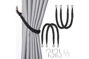 Pretty Jolly 4 Pack Natural Cotton Rope Curtain Tiebacks Elegant Boho Style Decorative Drape Tie Backs Soft Hand-Woven Rope Curtain Holdbacks with Metal Hook for Home & Office Drapery (Black)