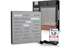 ‎BADA BING Bada Bing LED Wortuhr Silber mit Deutscher Wort Anzeige - edle Metall Uhr mit USB Kabel Wanduhr modern - Tischuhr hochwertig lautlos zum Aufstellen/Aufhängen - Deko Geschenk Männer Büro Wohnzimmer