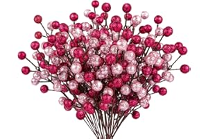 MACTING 24Pack Glitter Magenta Rosa Beeren Stiele, Künstliche Holly Beeren Zweige Deko Weihnachten für Christbaumschmuck Weihnachtsdeko Adventskranz Deko Weihnachtsgirlande Türkranz Weihnachten Ornamente