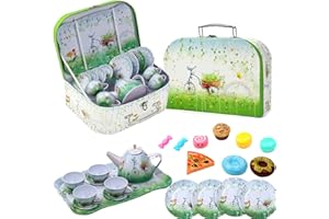 PAUZLE Pretend Play Kids Tea Set + Carry Case, Role Play Tea Palyset Toy for Children Girls, Tin Tea Party Set-Bike