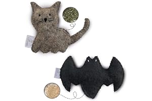 CATLABS Set of 2 Sustainable Cat Toy, 'Cuddly Cat' and 'Fluffy Bat' with Catnip and Valerian Root, Fair Handwork, Natural Sheep's Wool without Polyester, Refillable