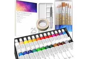CHROMATEK Watercolor Paint Set | 62 Piece Kit | Adults, Kids, Beginner & Professional Artists | Paper, 8 Brushes, Palette, Aquapen, Tape | 12ml Watercolor Tubes | Art Supplies…