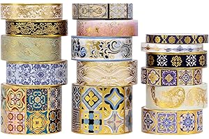 Tangbolibo Gold Vintage Washi Tape Set - 16 Rolls Masking Foil Decorative Tapes for Scrapbooking, DIY Craft, Journaling, Gift Wrapping, Bullet Journal, Planners (5/10/15/30mm Wide)