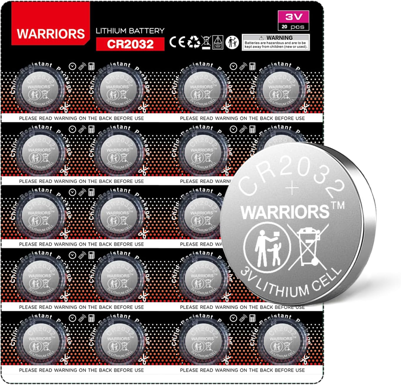 Warriors 20X CR2032 2032 Pilas de Litio de 3V Tipo Botón, Empaque Seguro para Niños, para Dispositivos Electrónicos y Llaves de Coche