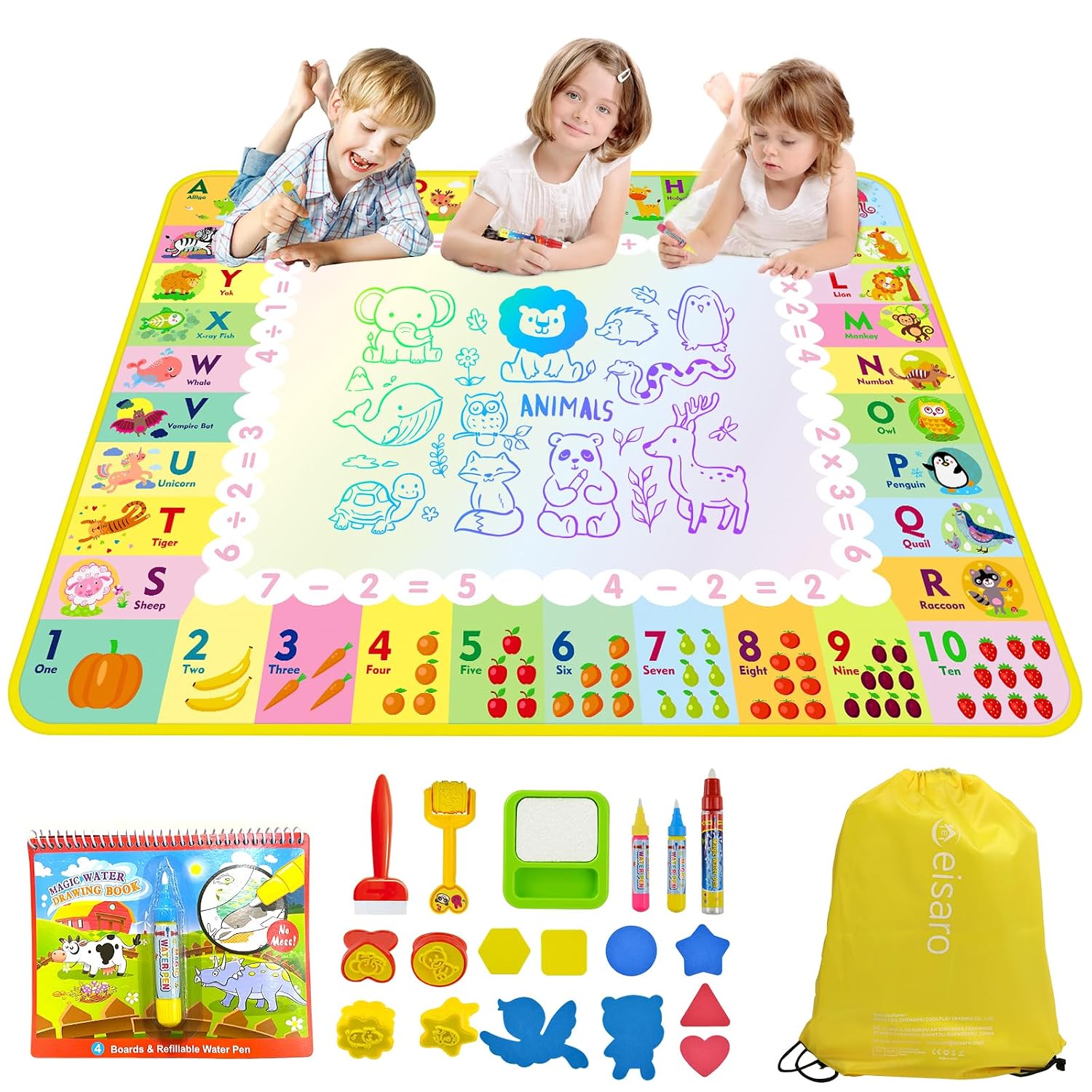 Alfombra para Pintar con Agua, Pizarra Mágica Reutilizable 120x90 cm – Juguete Educativo de Aprendizaje Temprano para Niños de 2 a 6 Años, Regalo sin Tinta ni Mancha con 4 Bolígrafos y Libro de Dibujo