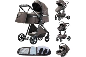 YAZOCO Pram 3-in-1 Buggy Baby Bed Complete Set One Click Foldable Pram Combination Pushchair Aluminium Frame for Newborns