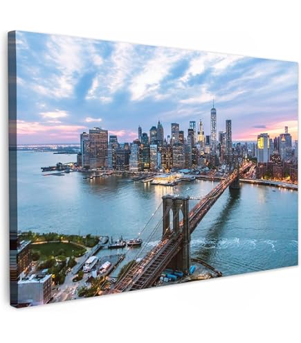 Tableau Toile New York City Skyline La Nuit - Format 60x40 Cm, Impression UV, Châssis Bois - Déco Murale