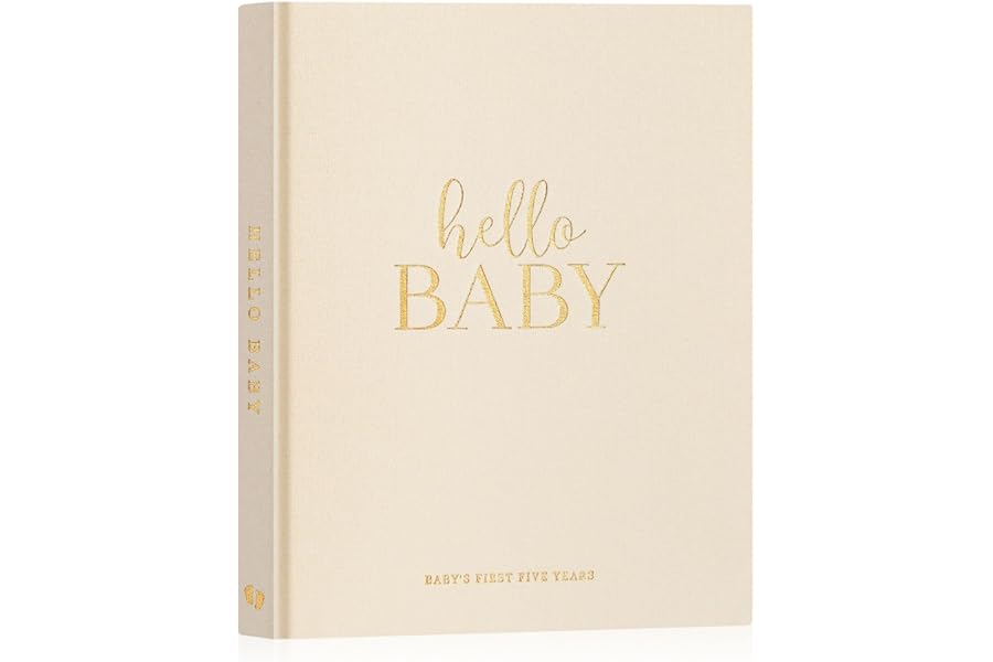Lanpn Hello Baby First 5 Year Memory Book for Boy Girl - Linen Hardcover Baby Book Keepsake for New Parents - Newborn Baby Journal Scrapbook Photo Album Baby Milestone Book (Beige, 154 Pages)