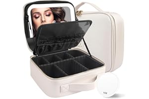 MOMIRA Travel Makeup Bag Cosmetic Bag with Illuminated Mirror, Adjustable Brightness in 3 Colour Scenarios, Gift for Women, khaki, Smooth