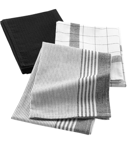 FRYSKYO Lot De 6 Torchons De Cuisine En Coton Gaufré Noir, Doux