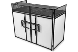 VONYX DB6 Foldable DJ Booth with TV Screen Mount - Professional Facade Stand, Black/White Covers, Compact Two-Layer Desk System, DJ Booth with TV Screen for DJ Events