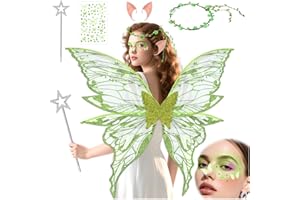 KutaKuta Feenflügel Kostüm - Feenflügel Erwachsene Kinder mit Elfenöhren,Fee Stirnband, Sterne Feenstäbe und Glitzernde Schmetterlingsaufkleber, Tinkerbell FlüGel für Halloween Feen Regentropfenbälle