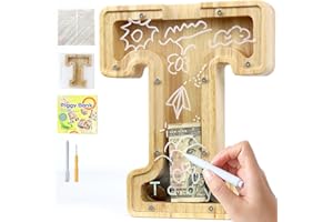 Lakpopya Huchas Originales para Niños Hucha Infantil Niña Niño de Alfabeto A-Z Hucha Personalizada Hucha de Madera Transparente con Pegatinas & Rotulador & Destornillador, Regalo para Infanti (T)
