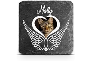 TULLUN Targa commemorativa personalizzabile per animali domestici, gatti, cani, in ardesia, con cornice in pietra e zampe, dimensioni 10,2 x 10,2 cm o 100 x 100 mm, ali d’angelo