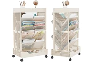 UMDONX Premium Metal Storage Trolley Book File Organiser Rack 6 Tier, Beside Desk Utility Cart on Wheels for Study Classroom Office (White 2 Side)