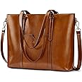 S-ZONE Women Genuine Leather Laptop Tote Bag Office Shoulder Handbag Briefcase 15.6 inch Computer Work Purse, Light Brown, Medium