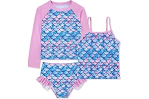 Belovecol Girls Swimming Costume 3-Piece Bathing Suit Long Sleeve Swimsuit with Ruffle Shorts Tankini Sets Beachwear 4-10 Years