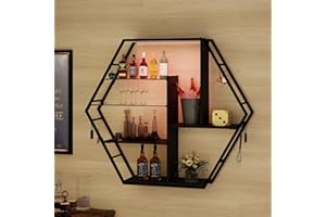 ‎YOURLITE YOURLITE Bar Regal Wand, Schwebende Regale mit 7 Farben LED, Wandregal Küche mit Glasablage, mit 8 S-förmigen Haken, Wein Kaffee Bar Regal, für Spielzimmer, Wohnzimmer, Sechseckig